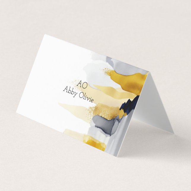 Navy blue and gold watercolor business card (Front)