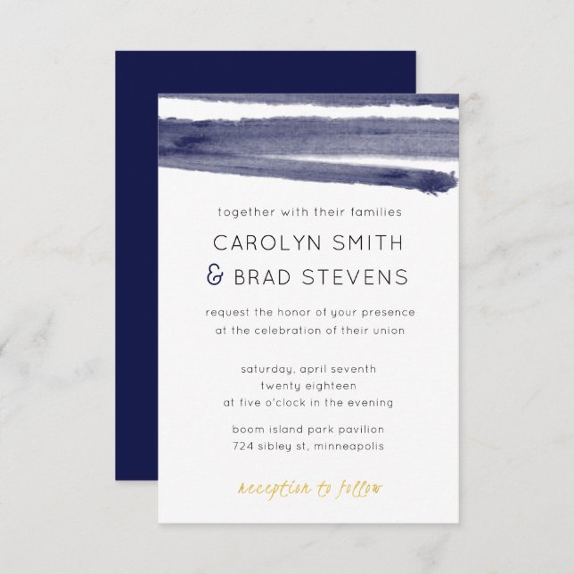 Navy Blue and Gold Watercolor Striped Wedding Invitation (Front/Back)