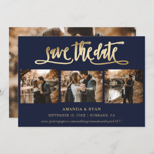Navy Blue and Gold Wedding 4 Photo Save The Date