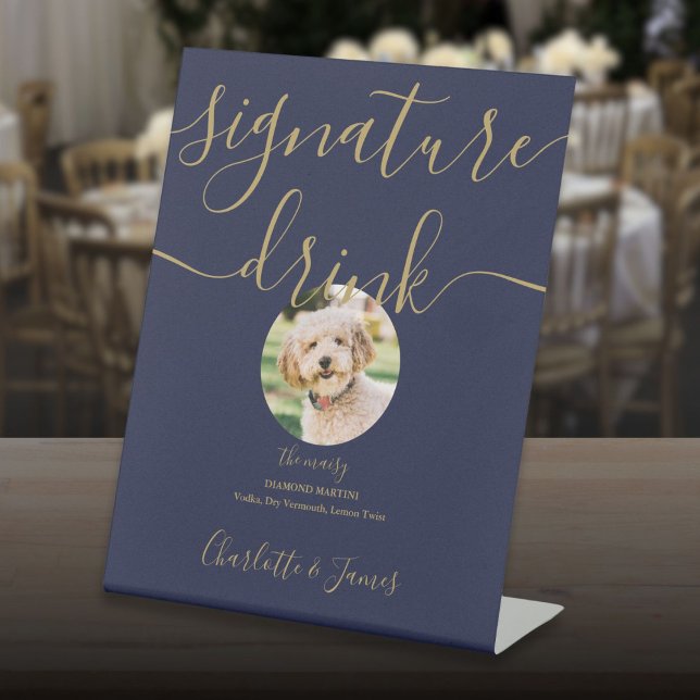 Navy Blue And Gold Wedding Pet Signature Drink  Pedestal Sign (Navy Blue And Gold Wedding Pet Signature Drink Pedestal Sign)
