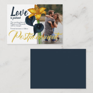 Navy Blue and Gold Wedding Postponement Advice Card