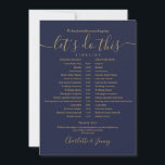 Navy Blue And Gold Wedding Schedule Timeline Card<br><div class="desc">This stylish navy blue wedding schedule timeline can be personalised with your wedding details in chic lettering. Designed by Thisisnotme©</div>