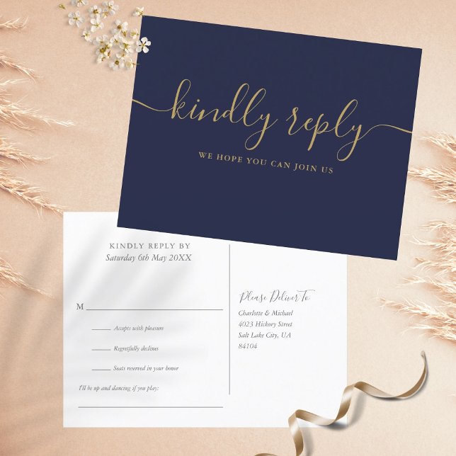 Navy Blue And Gold Wedding Song Request RSVP Invitation Postcard (Creator Uploaded)