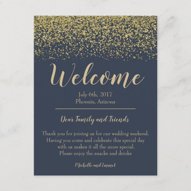 Navy Blue and Gold Wedding Welcome Hotel Card Note (Front)
