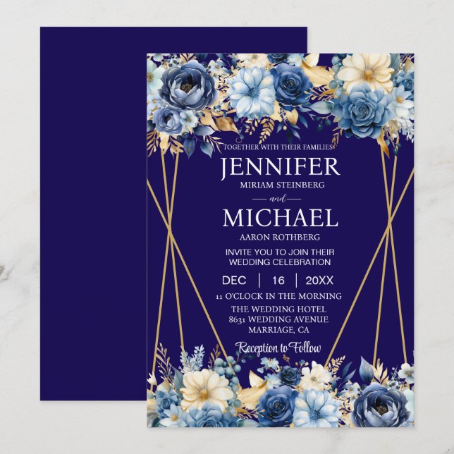 Navy Blue and Gold Winter Wedding Invitations (Front/Back)