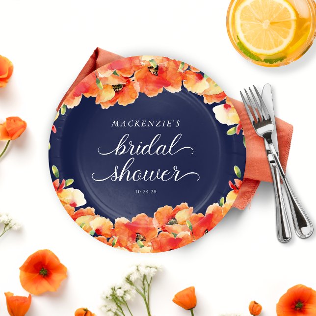 Navy Blue and Golden Poppy Bridal Shower Paper Plate (Navy Blue and Golden Poppy Bridal Shower Paper Plates)