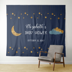 Navy Blue and Golden Stars Baby Shower Backdrop Tapestry