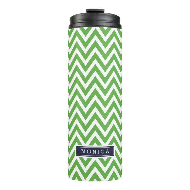 Navy Blue and Green Chevron Monogram Thermal Tumbler (Front)