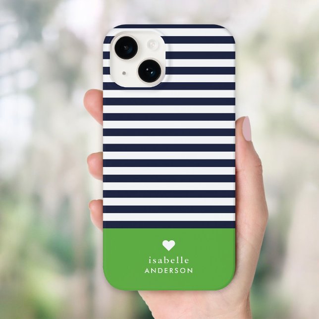 Navy Blue and Green Chic Stripes Heart Monogram Case-Mate iPhone Case (Creator Uploaded)