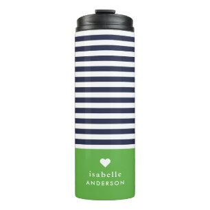 Navy Blue and Green Chic Stripes Heart Monogram Thermal Tumbler