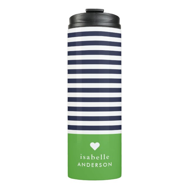Navy Blue and Green Chic Stripes Heart Monogram Thermal Tumbler (Front)