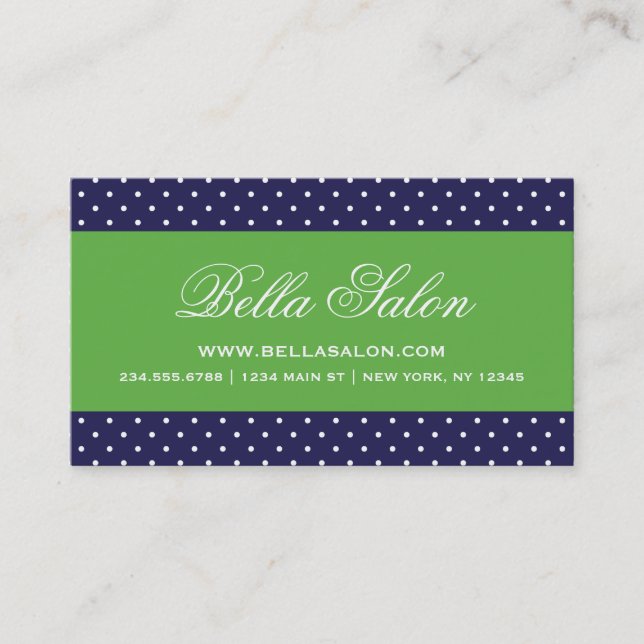 Navy Blue and Green Cute Modern Polka Dots Business Card (Front)