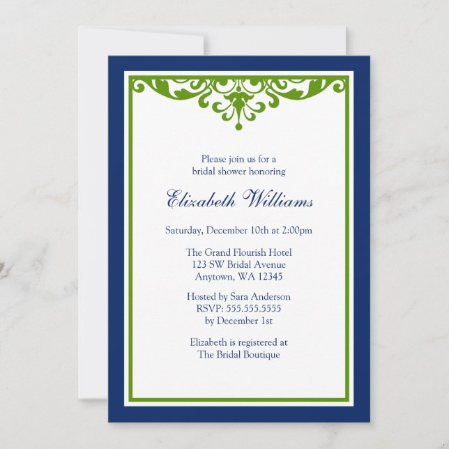 Navy Blue and Green Flourish Bridal Shower Invitation (Front)