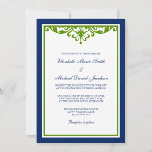 Navy Blue and Green Flourish Wedding Invitation