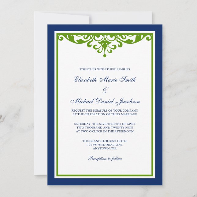 Navy Blue and Green Flourish Wedding Invitation (Front)