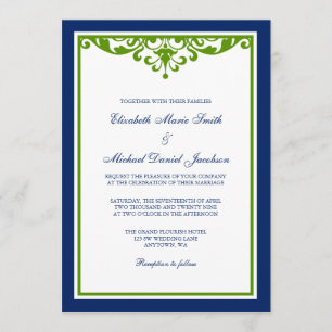 Navy Blue and Green Flourish Wedding Invitation