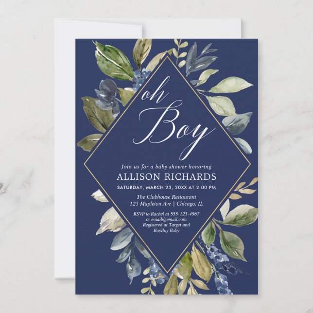 Navy blue and green foliage boy baby shower invitation (Front)