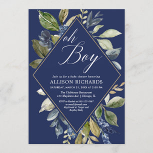 Navy blue and green foliage boy baby shower invitation