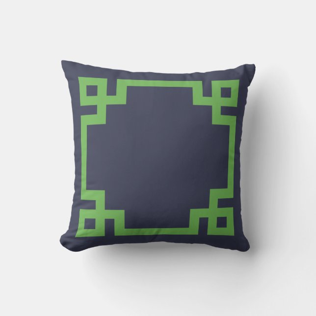 Navy Blue and Green Greek Key Border Outdoor Cushion (Front)