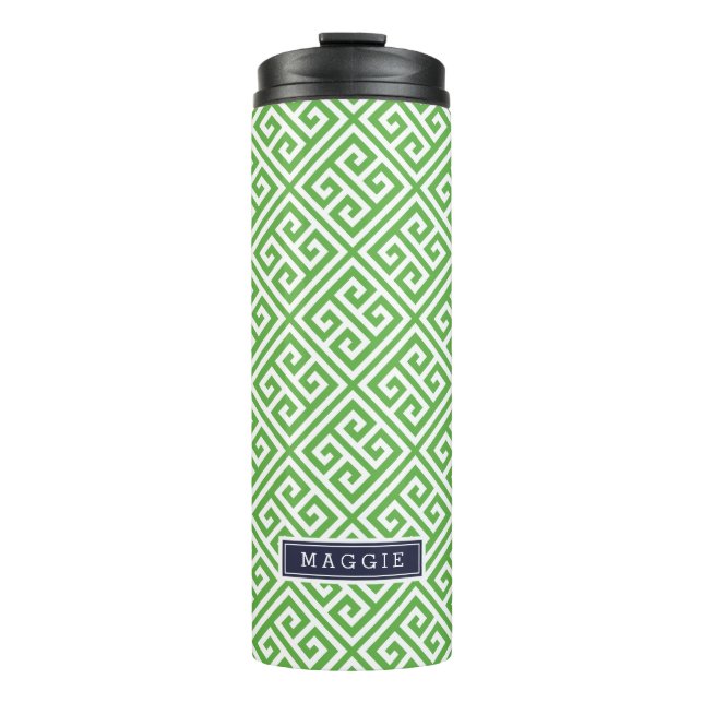 Navy Blue and Green Greek Key Monogram Thermal Tumbler (Front)