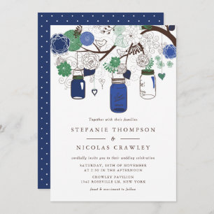 Navy Blue and Green Hanging Mason Jars Wedding Invitation