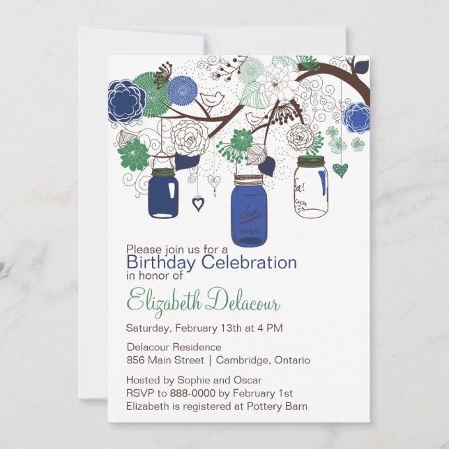 Navy Blue and Green Mason Jars Birthday Invitation (Front)