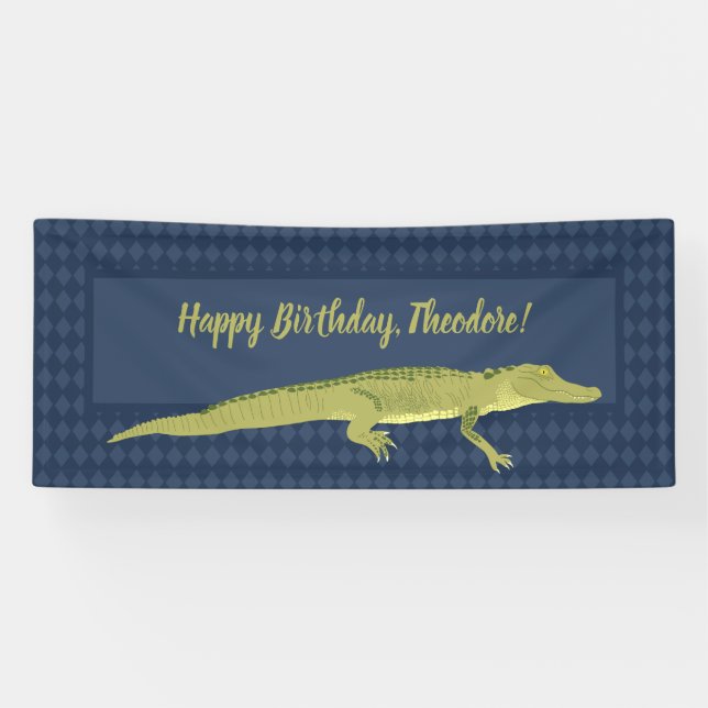 Navy Blue and Green Men's Alligator Birthday Party Banner (Horizontal)