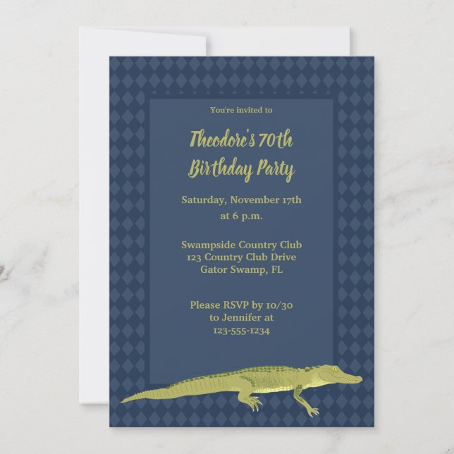 Navy Blue and Green Men's Alligator Birthday Party Invitation (Front)