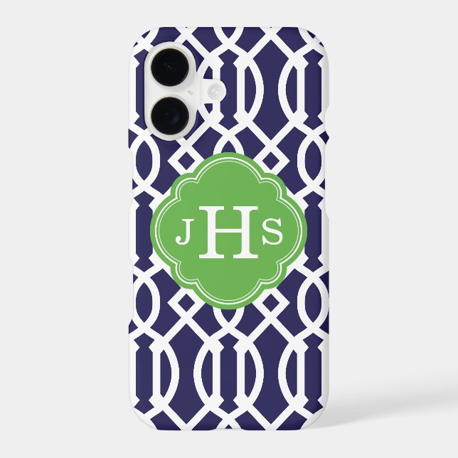 Navy Blue and Green Modern Trellis Monogram (Back)