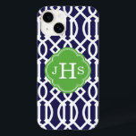 Navy Blue and Green Modern Trellis Monogram Case-Mate iPhone 14 Case<br><div class="desc">Cute Girly Trendy Chic Stylish Preppy Geometric Modern Trellis Pattern. Add your custom personalised monogram initials or name. Click the Customise It button to change fonts and colours for a unique one-of-a-kind design.</div>