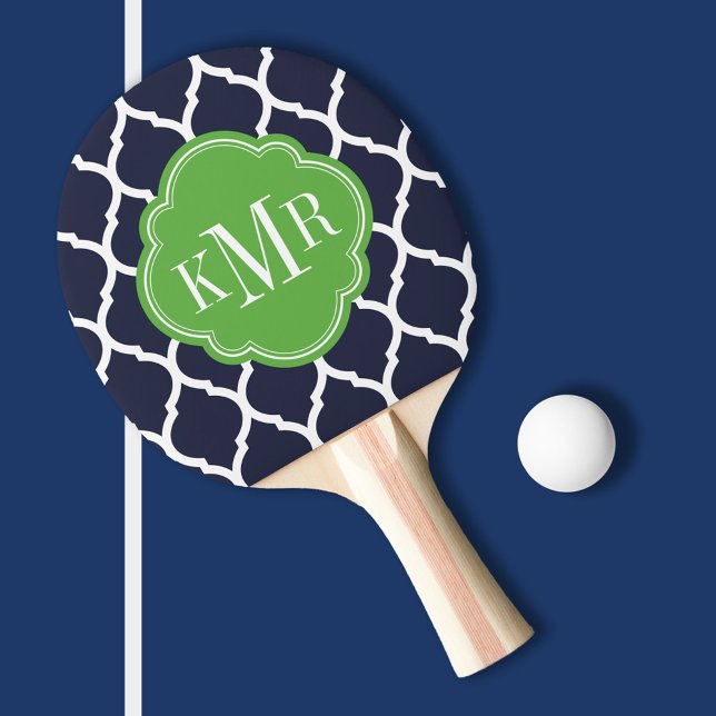 Navy Blue and Green Moroccan Quatrefoil Monogram Ping Pong Paddle (Creator Uploaded)