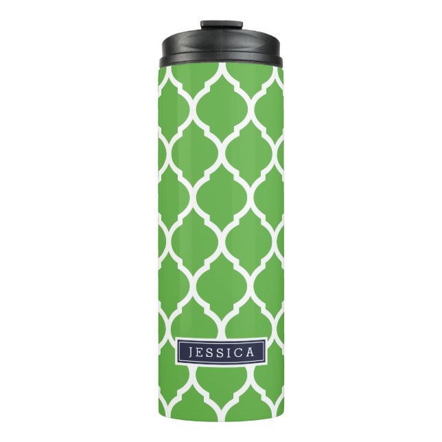 Navy Blue and Green Moroccan Quatrefoil Monogram Thermal Tumbler (Front)