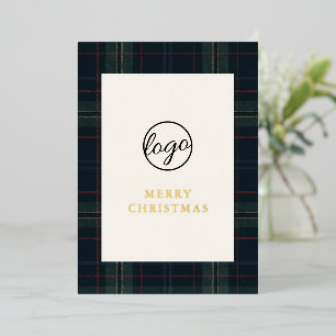 Navy Blue and Green Plaid Business Christmas Foil Holiday Card
