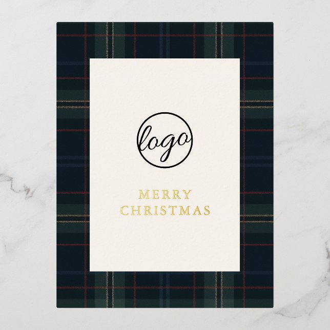 Navy Blue and Green Plaid Business Christmas Foil Holiday Postcard (Front)