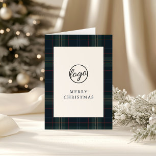 Navy Blue and Green Plaid Business Christmas Holiday Card