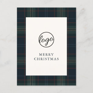 Navy Blue and Green Plaid Business Christmas Holiday Postcard