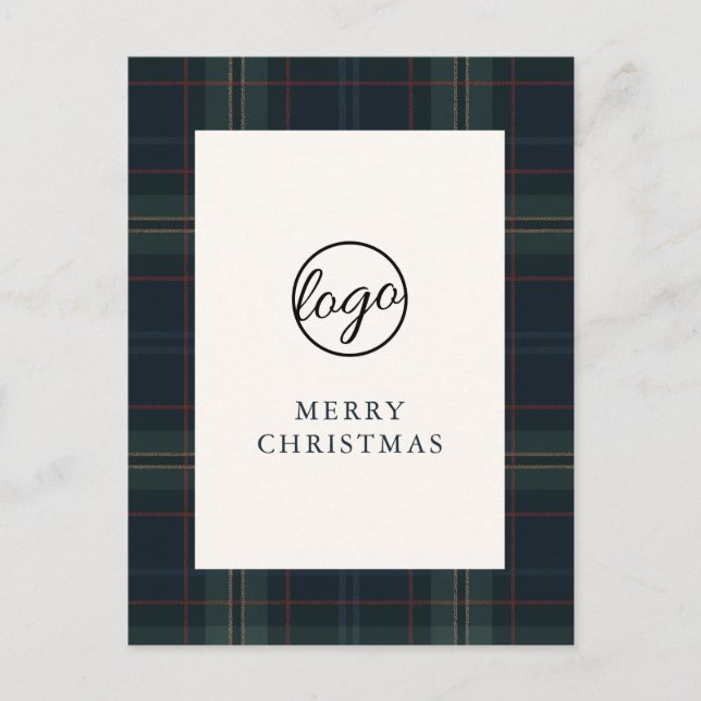 Navy Blue and Green Plaid Business Christmas Holiday Postcard (Front)