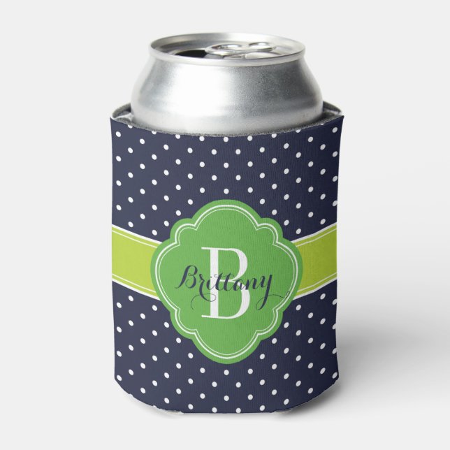 Navy Blue and Green Polka Dots Monogram Can Cooler (Can Front)