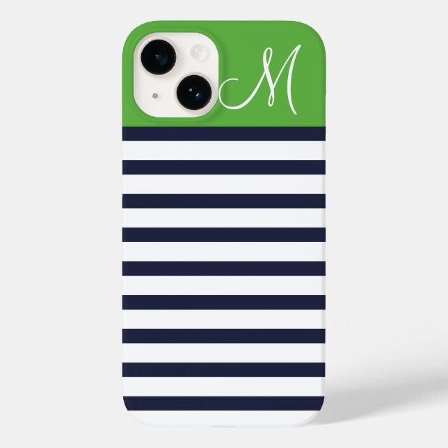 Navy Blue and Green Preppy Stripes Custom Monogram Case-Mate iPhone Case (Back)