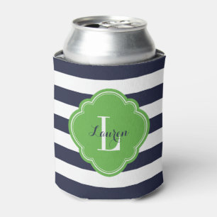 Navy Blue and Green Preppy Stripes Monogram Can Cooler