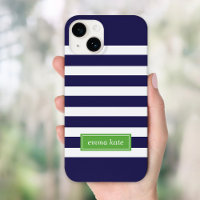 Navy Blue and Green Preppy Stripes Monogram