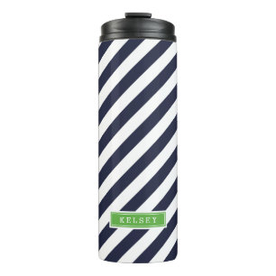 Navy Blue and Green Preppy Stripes Monogram Thermal Tumbler