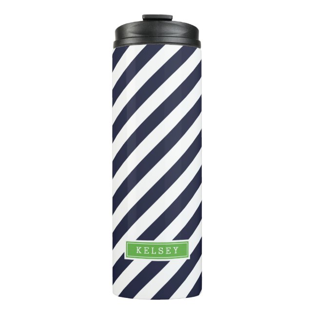 Navy Blue and Green Preppy Stripes Monogram Thermal Tumbler (Front)