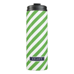Navy Blue and Green Preppy Stripes Monogram Thermal Tumbler