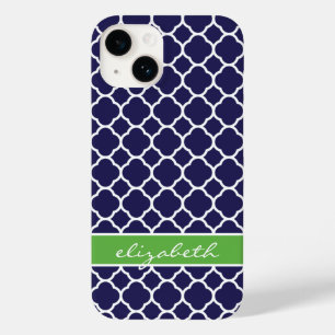 Navy Blue and Green Quatrefoil Monogram Case-Mate iPhone 14 Case