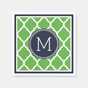 Navy Blue and Green Quatrefoil Wedding Monogram Napkin