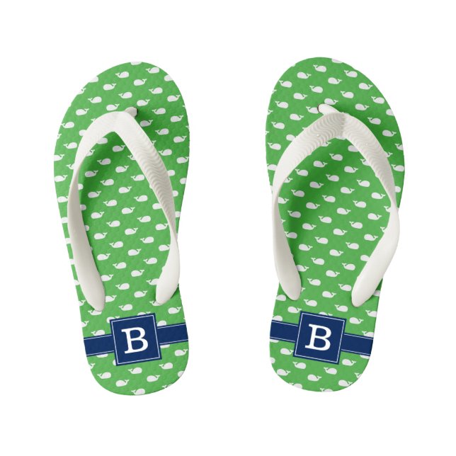 Navy Blue and Green Whales Square Monogram Kid's Flip Flops (Footbed)