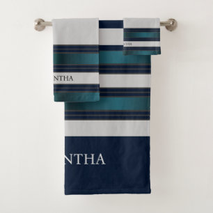 Navy Blue And Grey Geometric Stripes Name Bath Towel Set