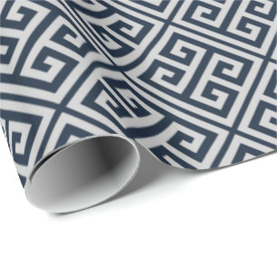 Navy Blue And Grey Greek Key Wrapping Paper