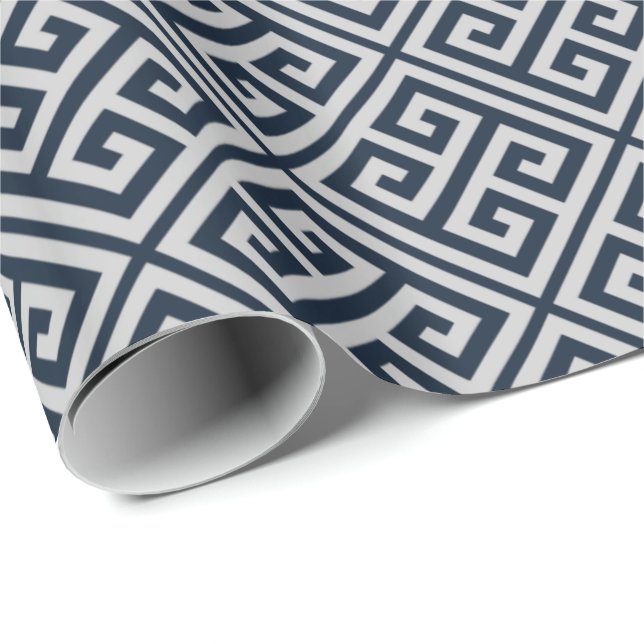 Navy Blue And Grey Greek Key Wrapping Paper (Roll Corner)